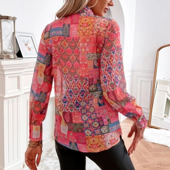 Boho Patchwork long Sleeve Tie Neck Blouse Multi color - Picture 3 of 10